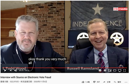 CD Media主持人的一則影片採訪「電子投票欺詐消息人士訪談」在網上熱播。左為主持人L Todd Wood，右為拉姆斯蘭。（影片截圖）