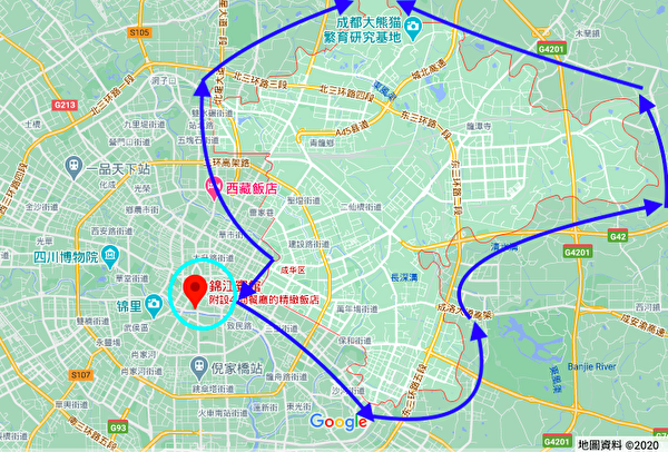 錦江賓館（紅色圖標處）所在的錦江區與成華區（圖中藍色箭頭內）相鄰。（Google 地圖）