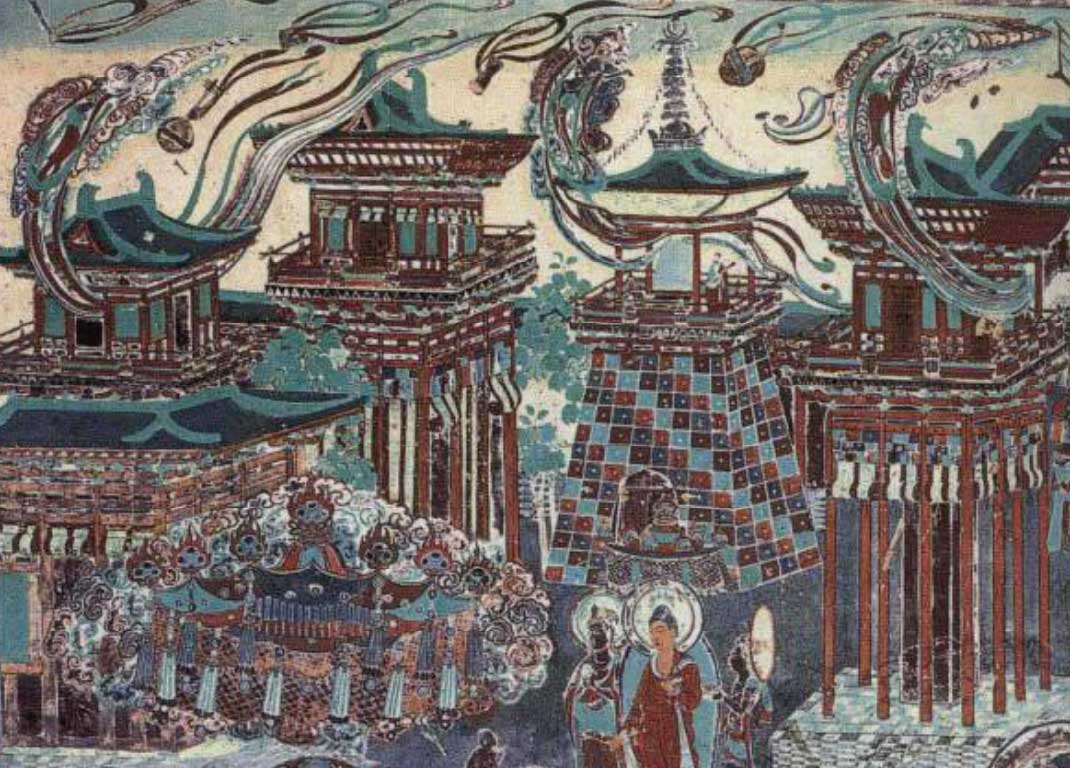 此為敦煌莫高窟的唐代第217窟北壁壁畫一隅,描繪的是模擬人間殿堂的佛國建築。(公有領域)