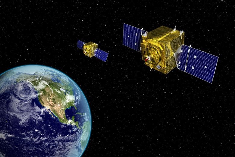 效果圖展示了兩顆地球同步空間態勢感知程序衛星繞地球運行。(美國空軍)