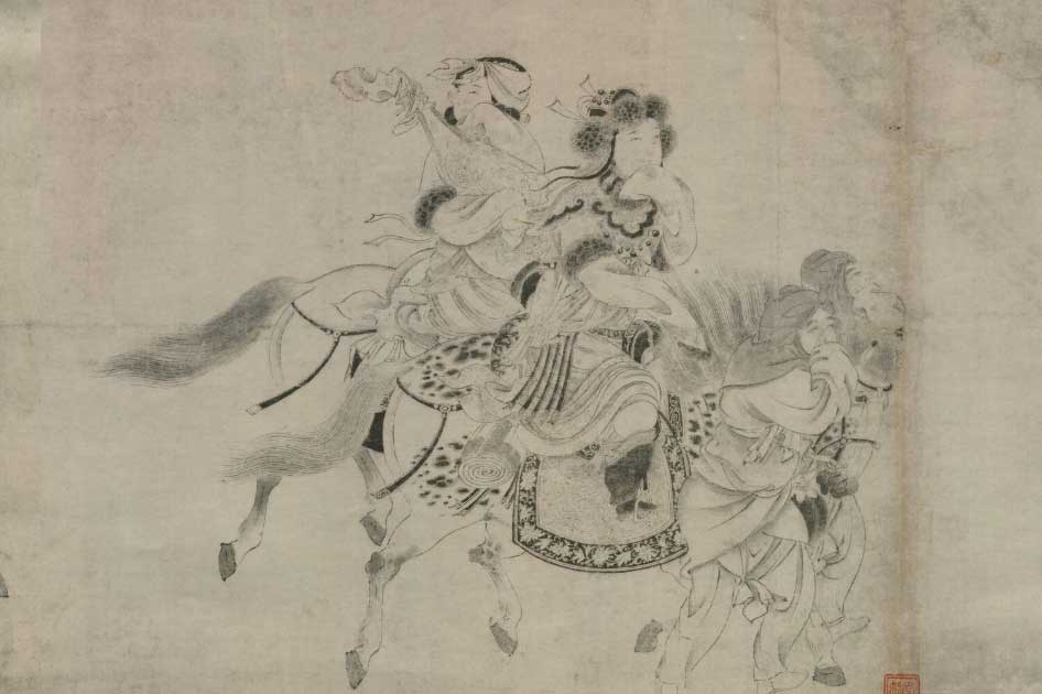 《漢宮秋》以帝妃的愛情悲劇為題材,改編了美女王昭君出塞和親的故事。此為金 宮素然繪 《昭君出塞圖》局部。(公有領域)