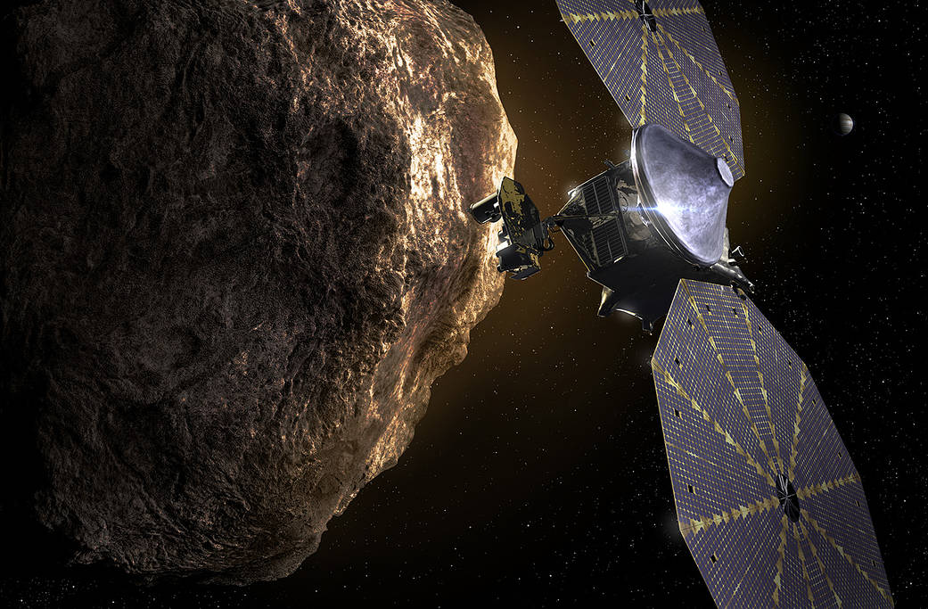 Lucy探測器造訪小行星假想圖。（NASA）