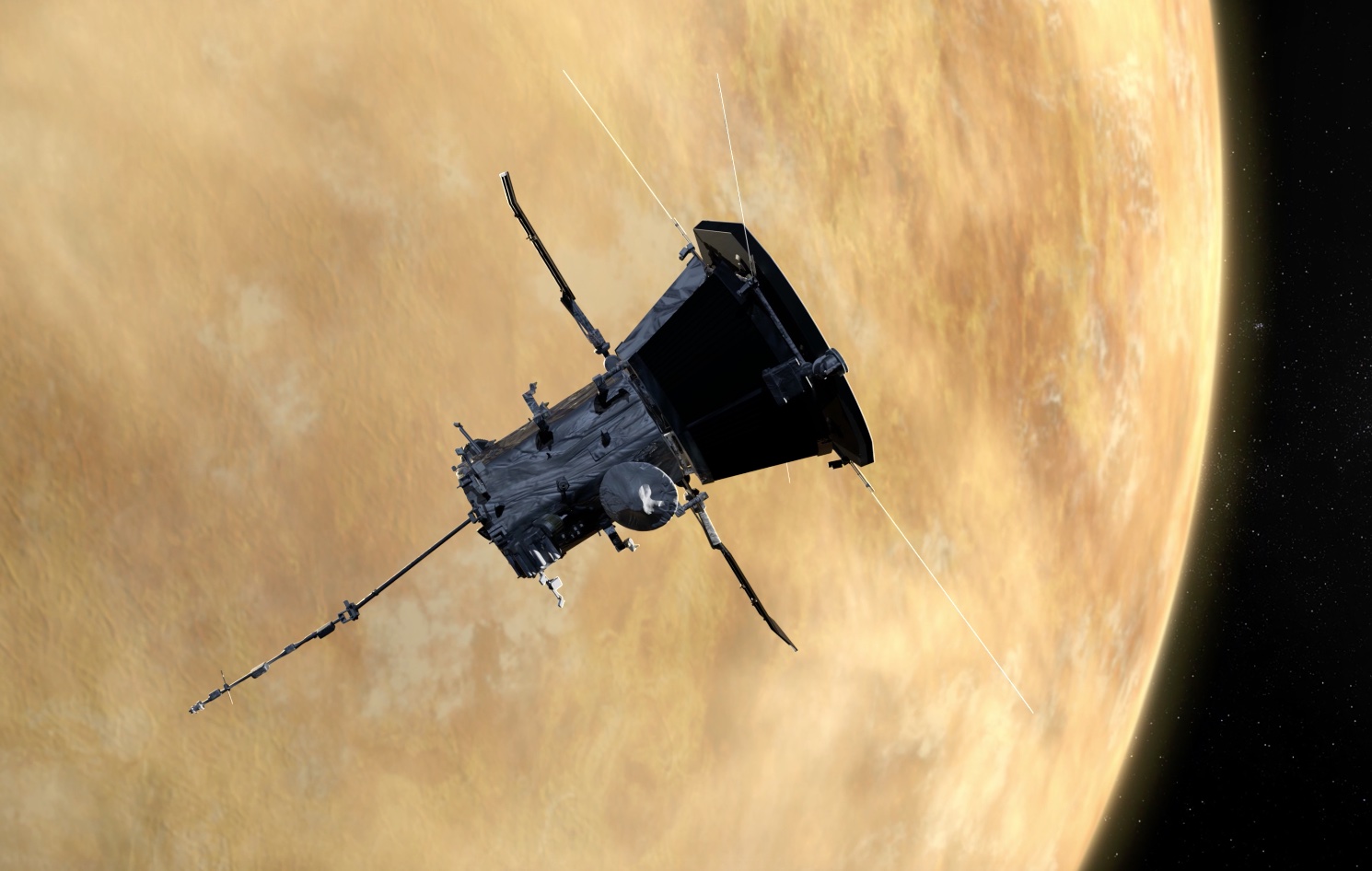 帕克太陽探測器飛掠金星假想圖。（NASA）