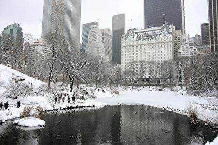 2021年2月2日，中央公园南端的池塘水面部分结冰，民众在白雪皑皑的公园拍照。