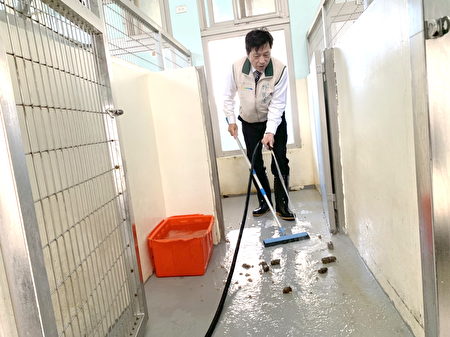 鄭寶清換上雨鞋、拿起掃具清掃毛小孩的住所，親身體驗到動保人員們辛苦。