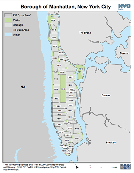 圖為曼哈頓各地的郵政編號地圖。