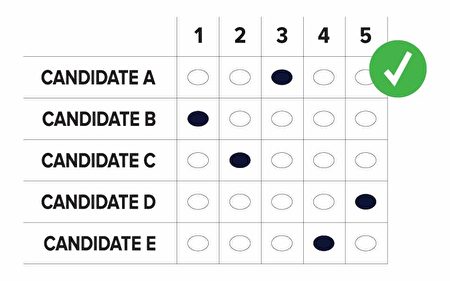 图为“排序选择投票”制度下，正确的选票填写方式。