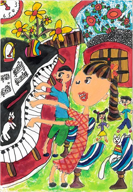 「國小1～3年級組」特優 蔡宇璽──學習彈鋼琴，造型變形得很有巧思，色彩對比的技巧得當，人物可愛活潑。