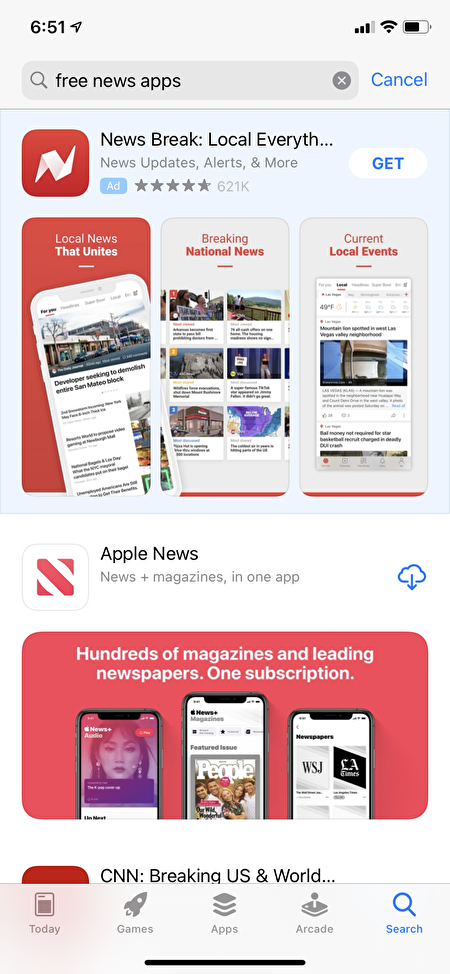 在蘋果商店搜「免費新聞應用」，News Break排第一，其口號是「一切本地化」。