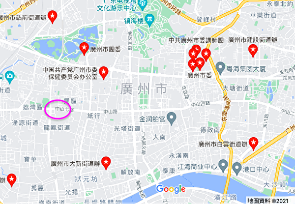 广州越秀区是中共广州市委所在地，距离广州本轮疫情爆发地仅隔着两条街道，即人民高架桥路、解放北路。（Google 地图）