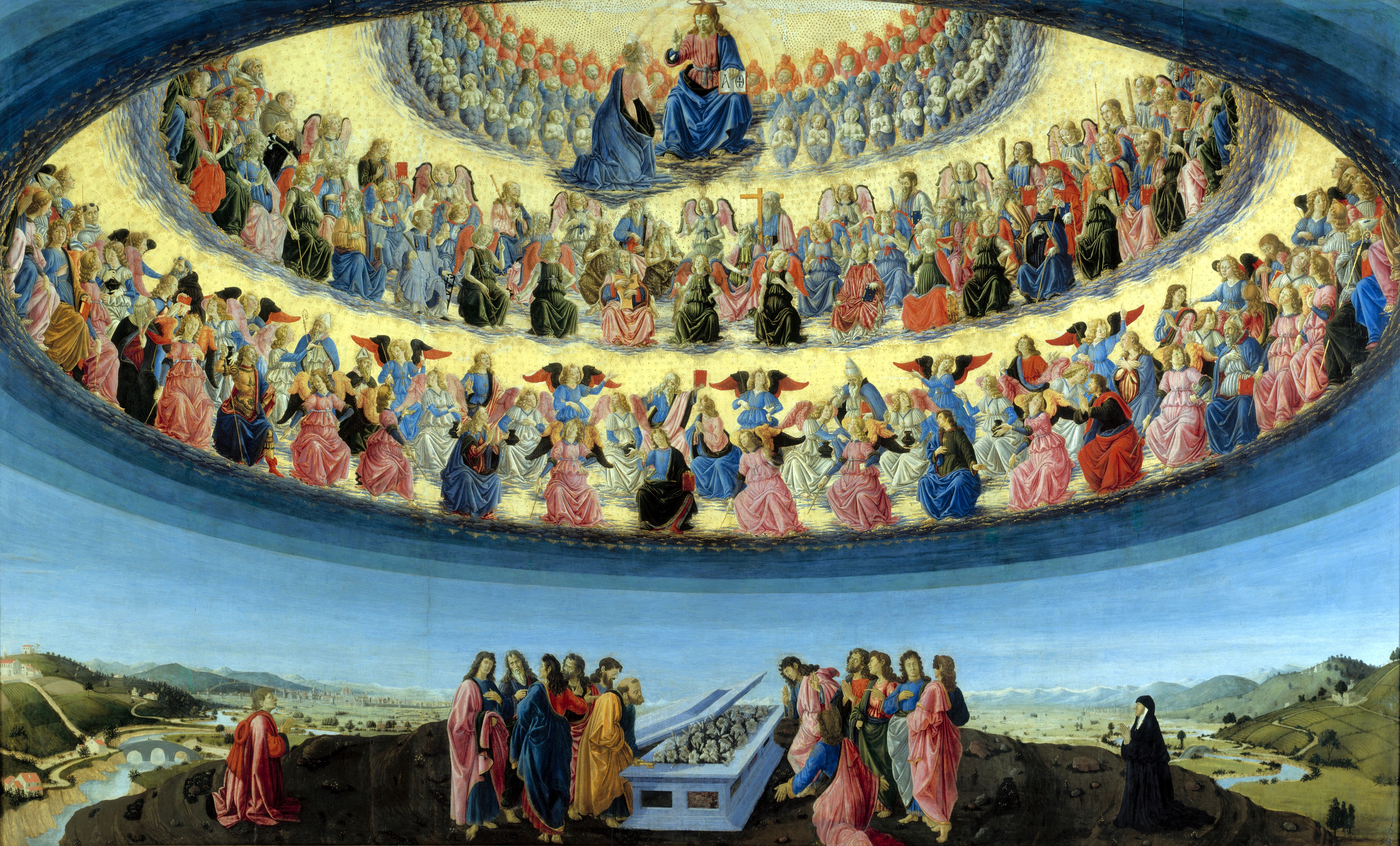 文艺复兴早期意大利画家弗朗切斯科．波蒂奇尼（Francesco Botticini）圣母升天，展现基督教的天堂观。（公有领域）