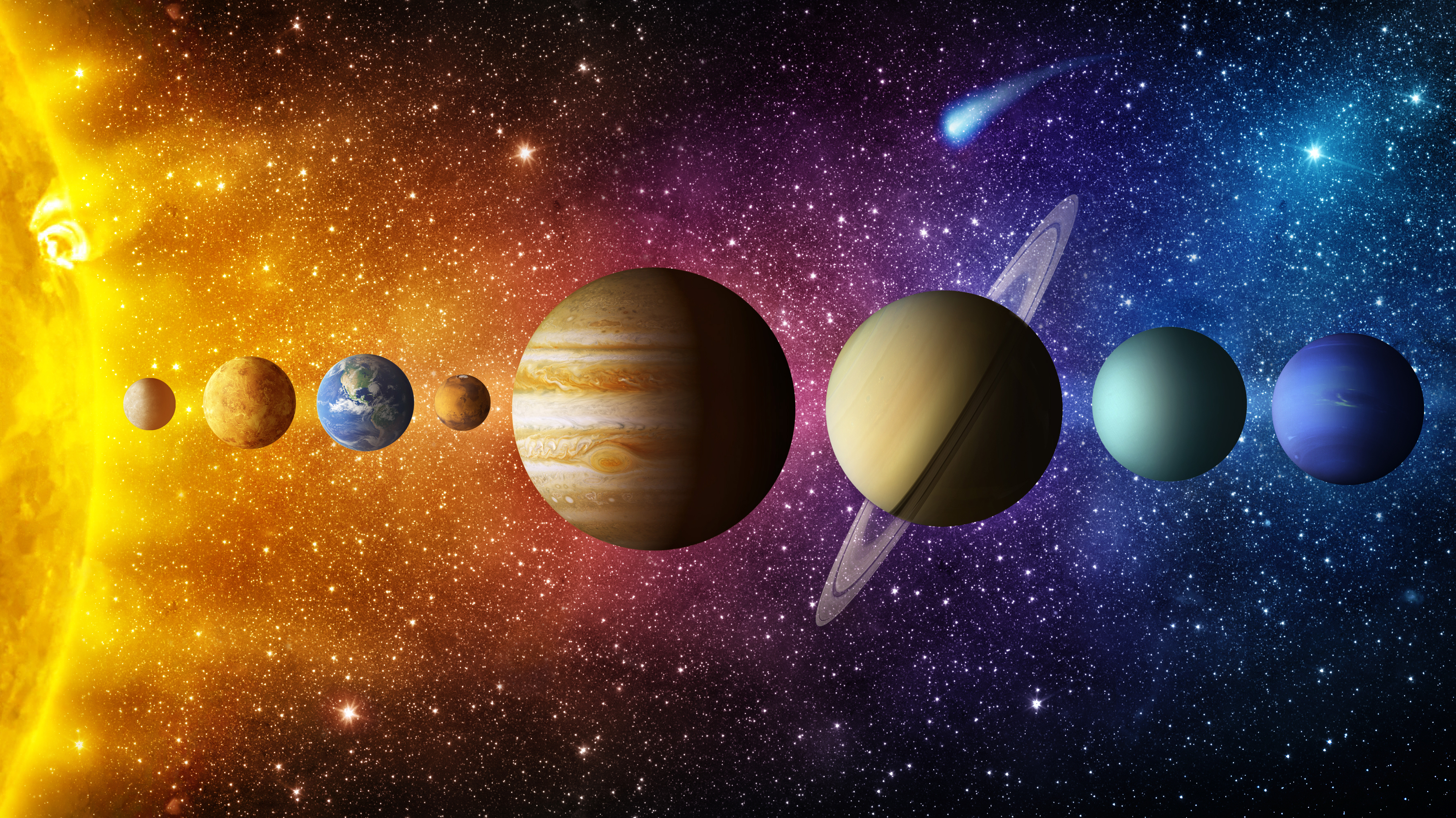 再看看地球之外的宇宙，以太阳系为例，每个行星围绕太阳旋转，轨道分布丝毫不差。图为太阳系行星，彗星，太阳和恒星。（shutterstock）
