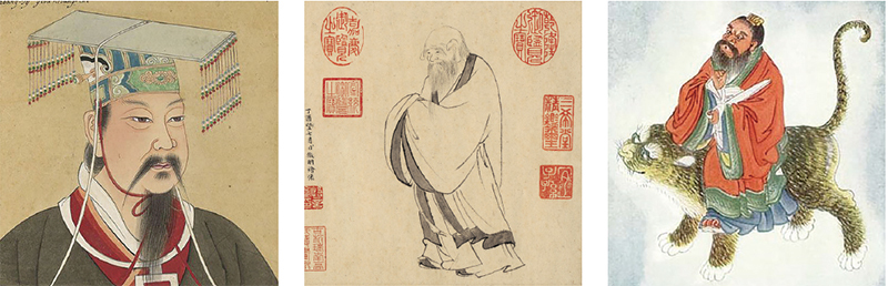 道教有三祖，始祖为黄帝（左），道祖为老子（中），教祖为张道陵（右）。（公有领域）