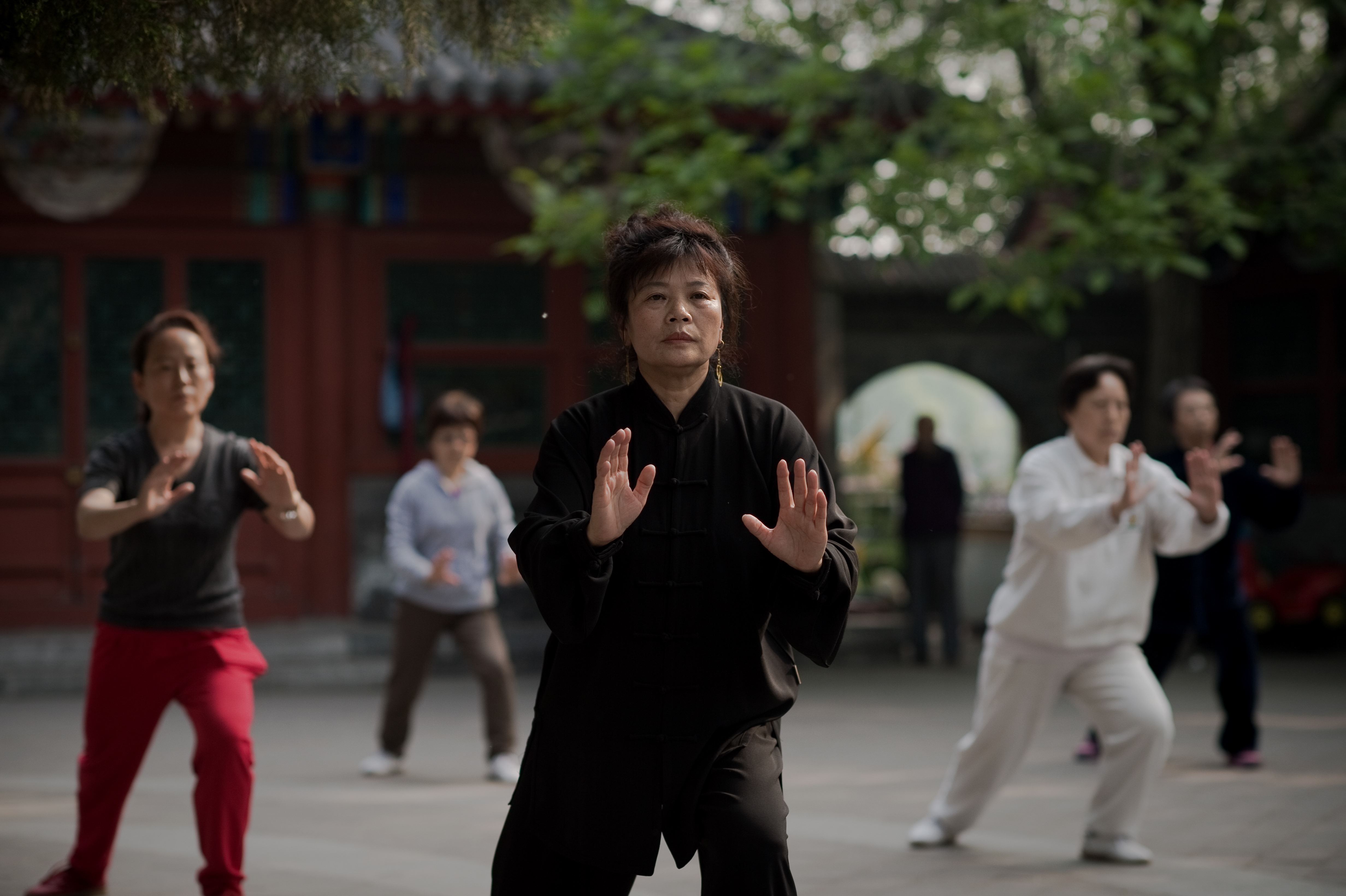 张三丰没有留下修炼太极拳的心法，所以目前人们大多把太极拳当作锻炼身体的健身操。图为2016年4月29日北京一处公园里习练太极拳的民众。（Nicolas Asfouri/AFP）