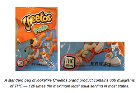 一袋伪装成Cheetos品牌包装的大麻产品，含有600毫克的四氢大麻酚成分。