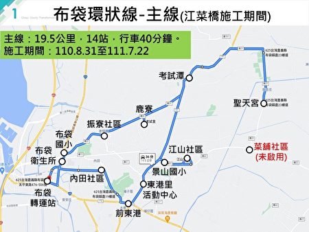 图为布袋镇幸福巴士环状线公车主线江菜桥施工期间路线图。