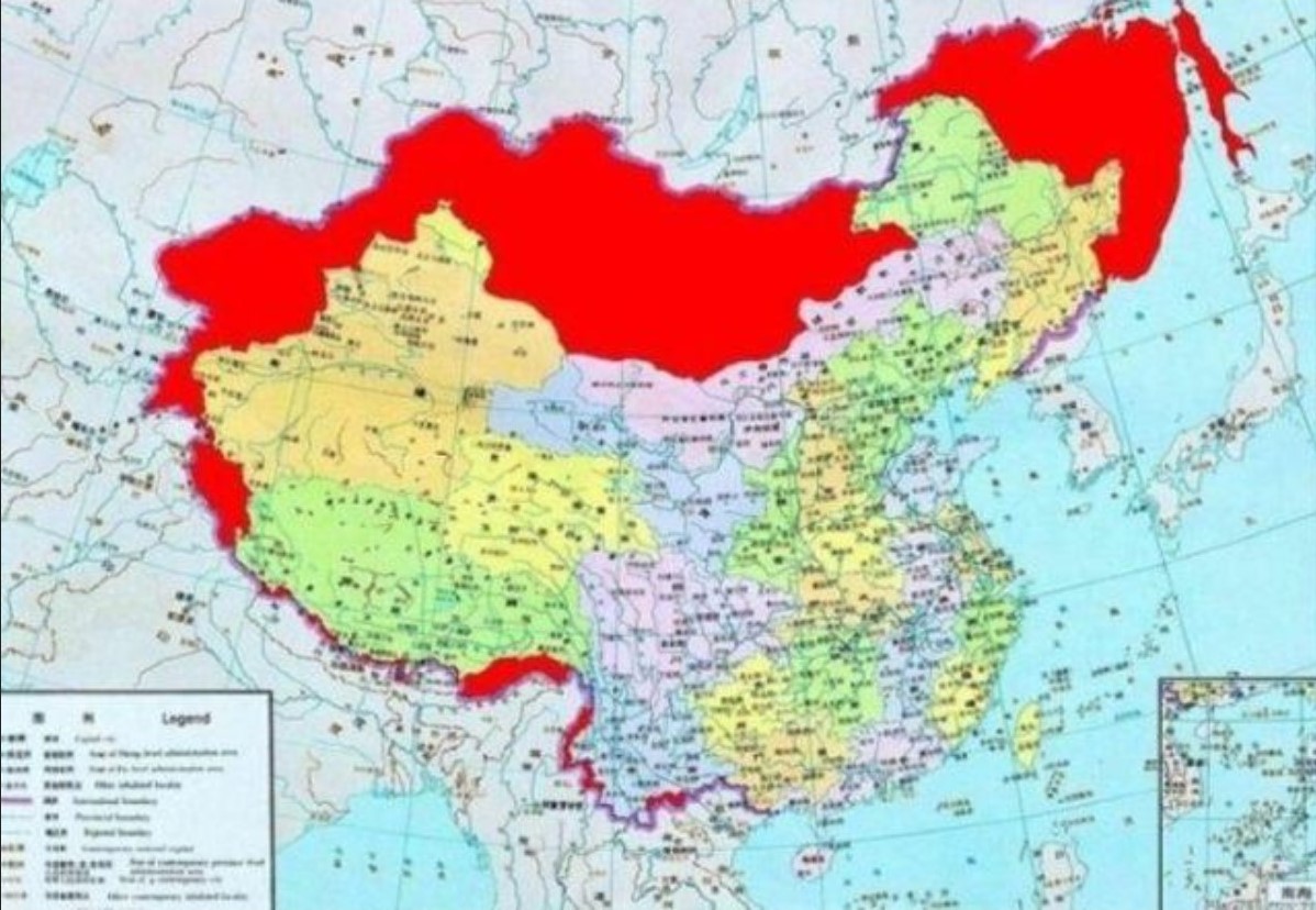 在紅色政權成立之初,被各國視為非法政權。為了爭取各國承認,大塊大塊的神聖國土(圖中紅色部分)都被中共割讓給了最早一批與中共建交的國家。(網路圖片)
