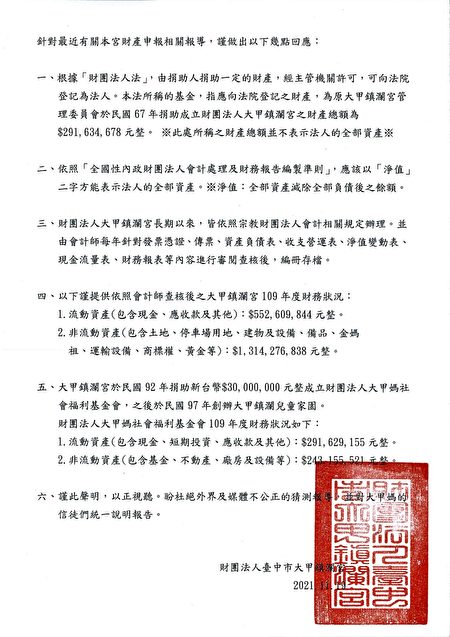 大甲镇澜宫针对外界质疑财产申报相关报导，作出六点声明。