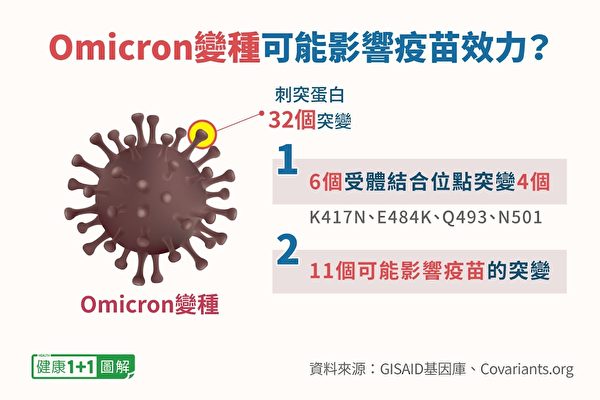 Omicron变种有2处关键突变，可能影响疫苗保护力。（健康1+1／大纪元）