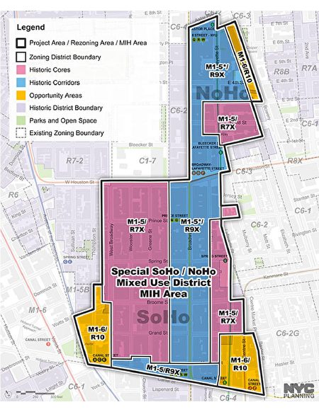 曼哈頓蘇豪/諾豪的重新分區計劃影響的地盤，圖中最右下角黃色的M1-6/R10區為唐人街。