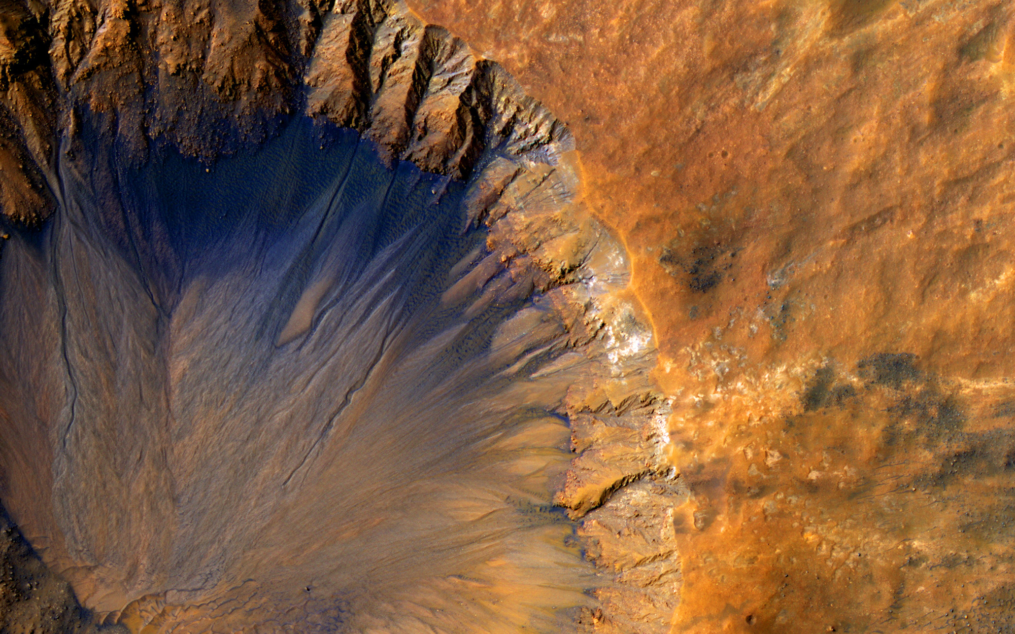 NASA火星轨道飞行器拍摄到的火星表面的陨石撞击坑。(NASA/JPL/University of Arizona)