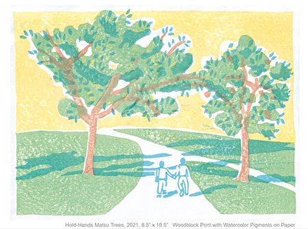 萧喆旻木版画作“牵手松树”，祝愿大家在节日期间照顾好自己、互相支持，迎接即将到来的2022年。