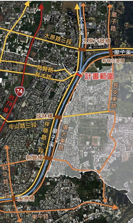 台中市政府計畫於北屯、太平區交界處新建橋梁橫跨廍子溪。