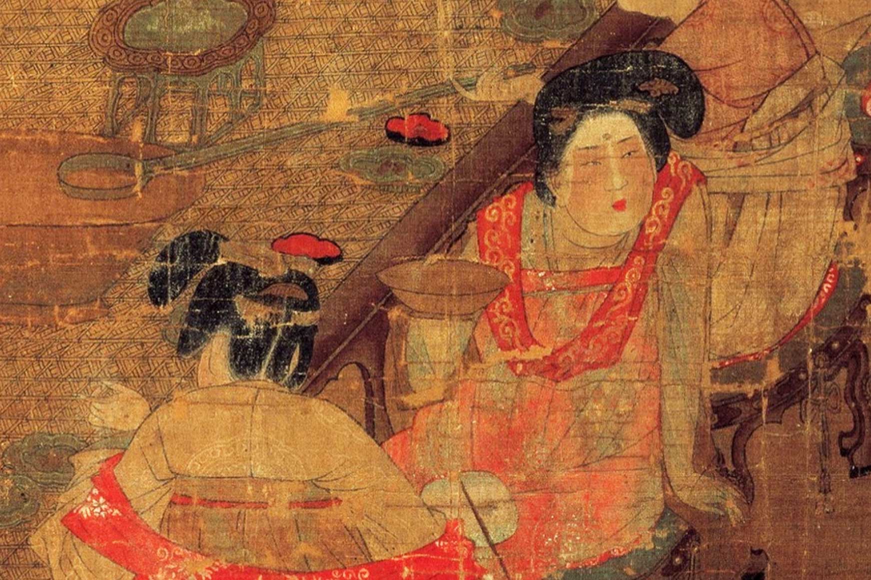 髻上插梳的唐朝女子,出自《唐人宮樂圖》局部。(公有領域)