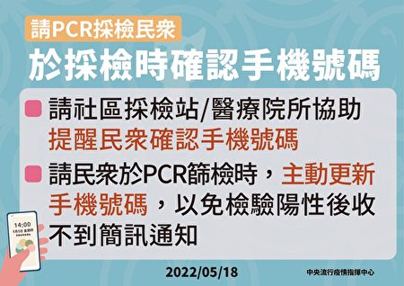 請PCR採檢民眾，於採檢時確認手機號碼。
