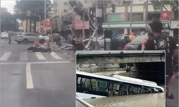 上海浦东一公交车失控乱撞 冲进河里