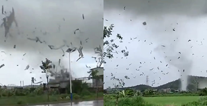 广东潮州遭龙卷风袭击 铁皮碎屑满天飞