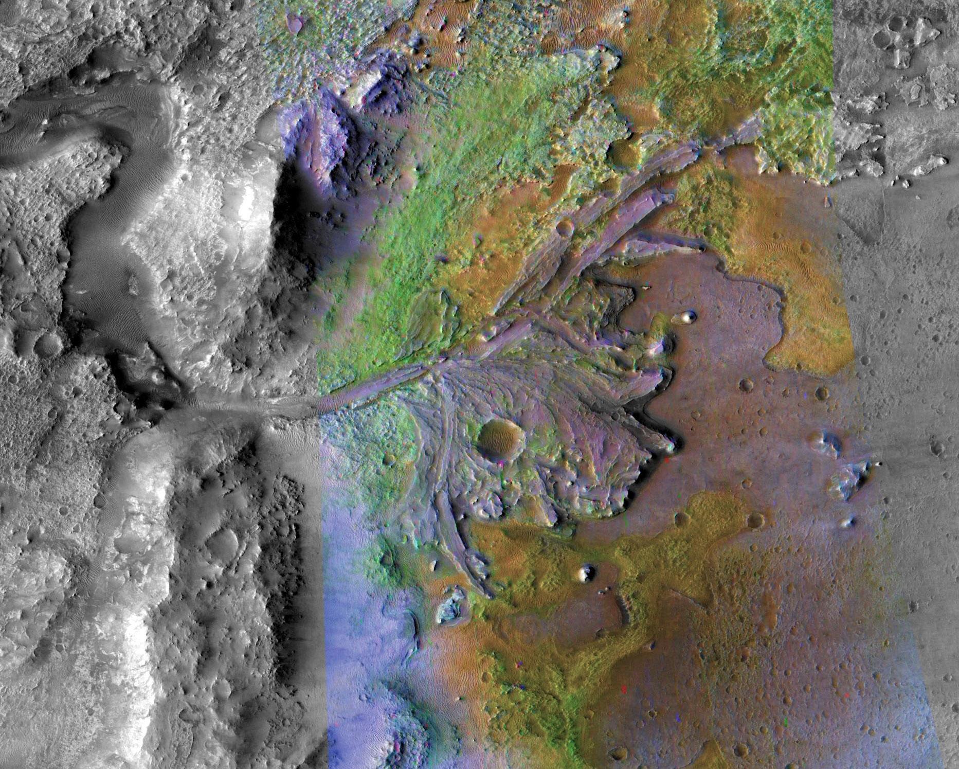 火星杰泽罗撞击坑内的巨大河流三角洲区域。(NASA/JPL-Caltech/ASU)