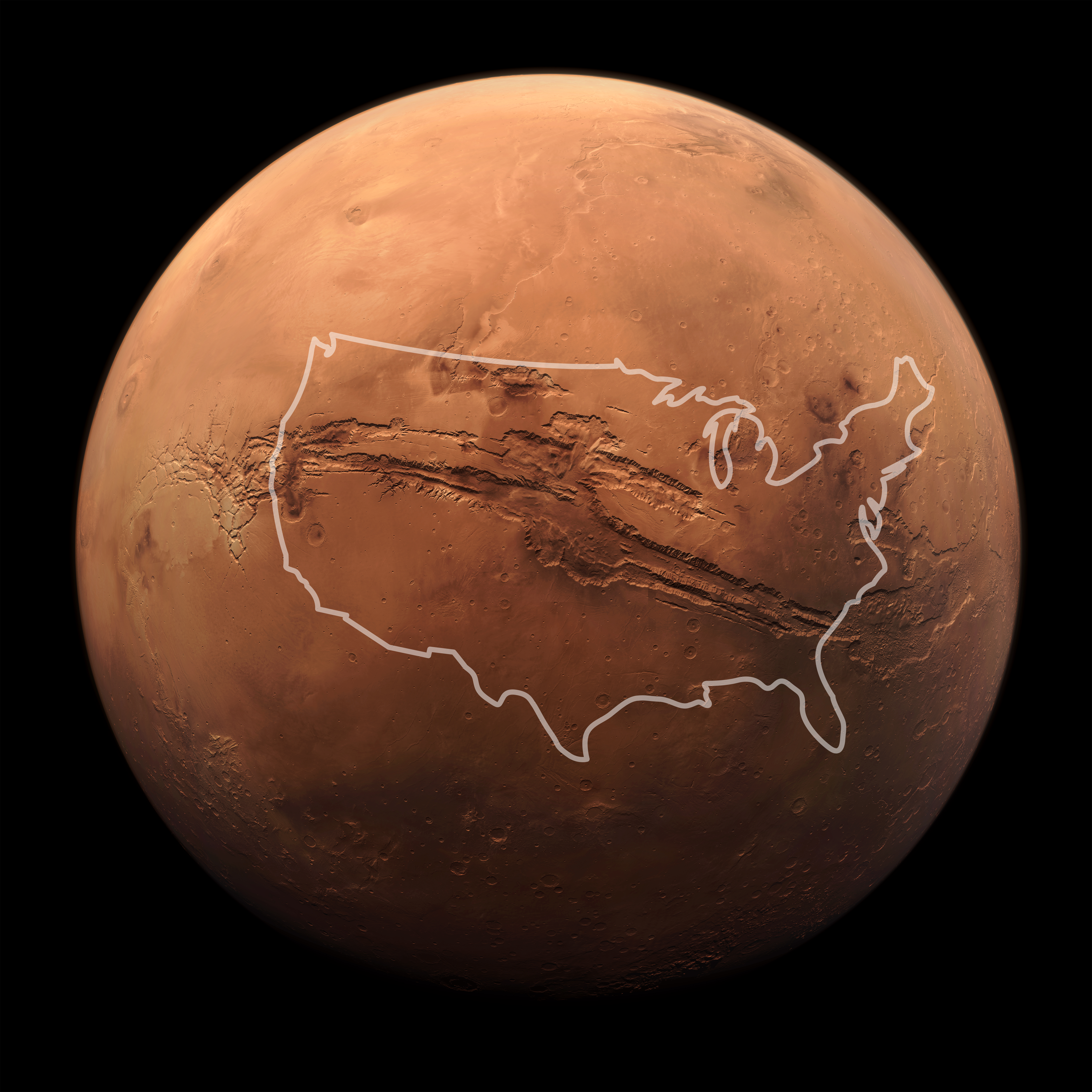 火星大峽谷與美國輪廓的大小對比圖。(NASA/JPL-Caltech)