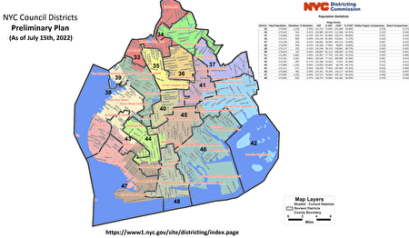 纽约市选区委员会7月15日发布了一套初步地图，供公众审查。这张草图的主要变化包括在南布碌崙建立一个新的亚裔占多数的43选区，图为布碌崙的选区图。