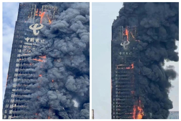 【一線採訪】長沙218米電信大樓起火 黑煙滾滾