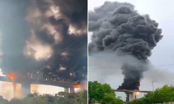 安徽高架桥上 两车相撞起火 浓烟遮天蔽日