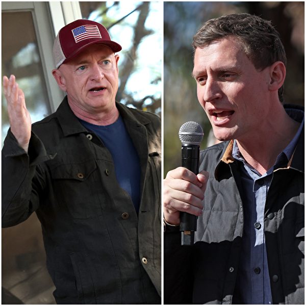 左：美國亞利桑那州民主黨參議員馬克·凱利（Mark Kelly）於 2022 年 11 月 6 日在亞利桑那州圖森市集會上講話。 (Kevin Dietsch/Getty Images) 右：亞利桑那州共和黨參議員候選人布萊克·馬斯特斯（Blake Masters）於 2022 年 11 月 5 日在亞利桑那州集會上講話。 (Justin Sullivan/Getty Images)