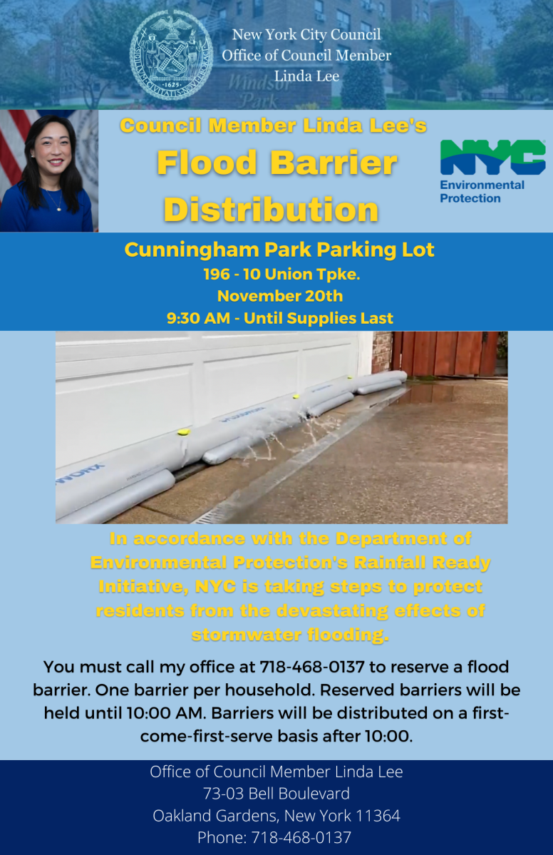 紐約市議員李琳達週日免費派發家用防洪水壩