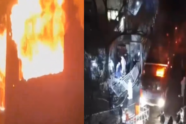 传四川宜宾发生火灾 消防车被封控铁皮卡住