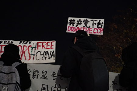 2022年11月29日，民众在纽约中国留学生于中领馆对街举办的集会中，高举写有“共产党下台”的展板。