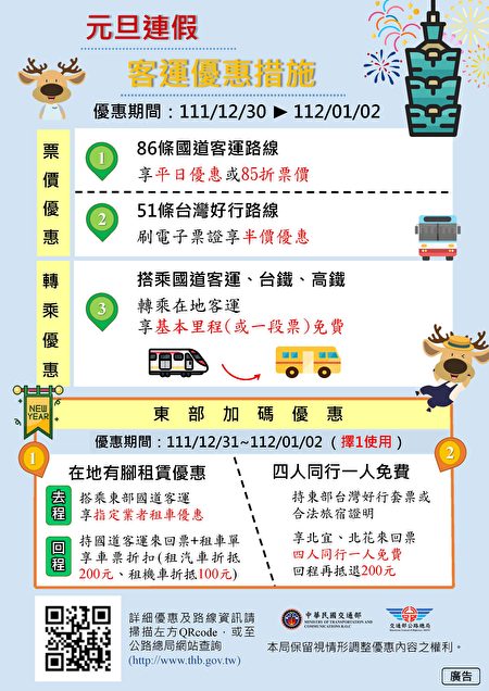 2023年元旦連假疏運公共運輸優惠措施| iBus公路客運| 台灣好行| 電子票證| 大紀元