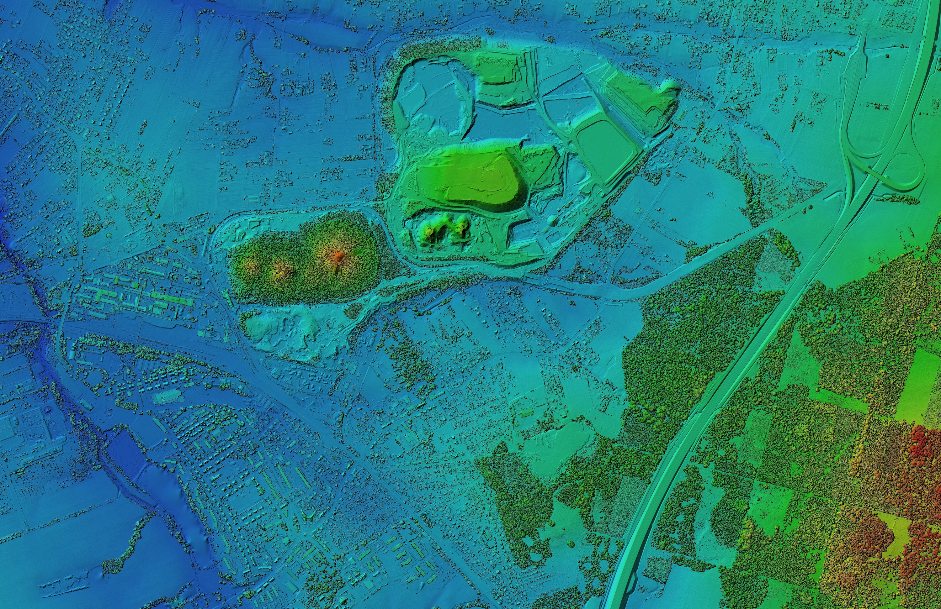 利用光学雷达技术（LiDAR）从距离地面数百英尺的空中探测到的地表图像示意图。(Shutterstock)
