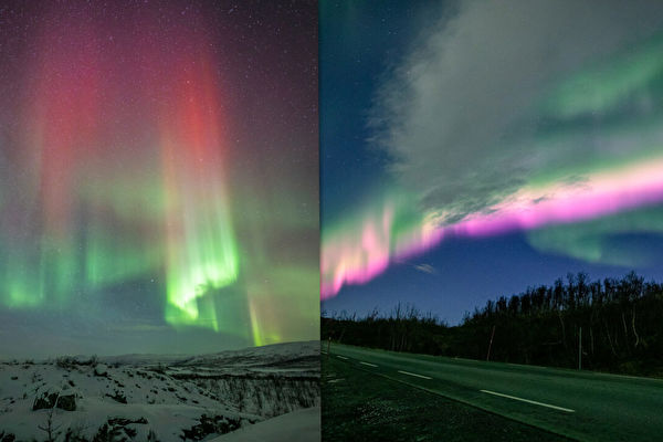 组图：挪威天空现极罕见橙色和粉红色极光