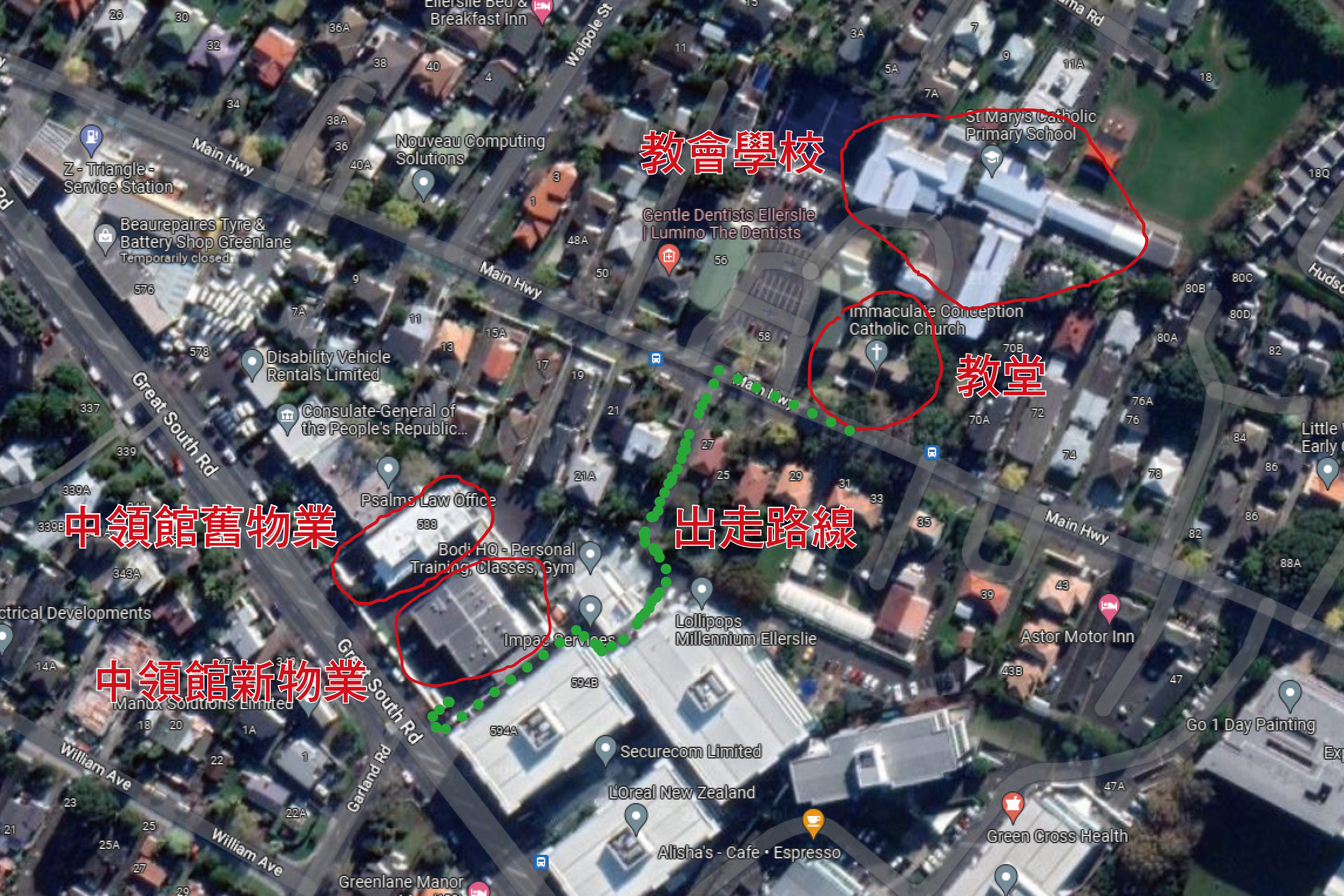 奥克兰中领馆员工董罗彬的出走路线图，这也是他经常在夜间溜出中领馆前往教堂的路线。（大纪元制图）