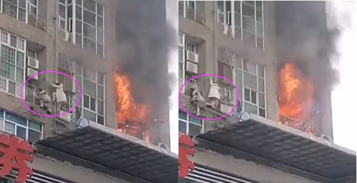 长沙一大厦起火 至少两女子翻窗户爬绳索逃生