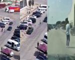 济南高速路服务区轿车撞飞路人 惊险瞬间曝光