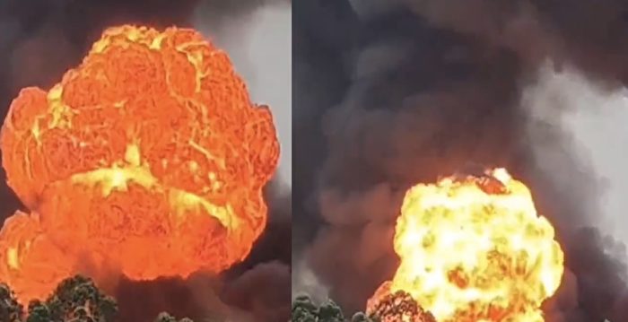 广东阳江一工厂发大火 空中腾起蘑菇云状火球