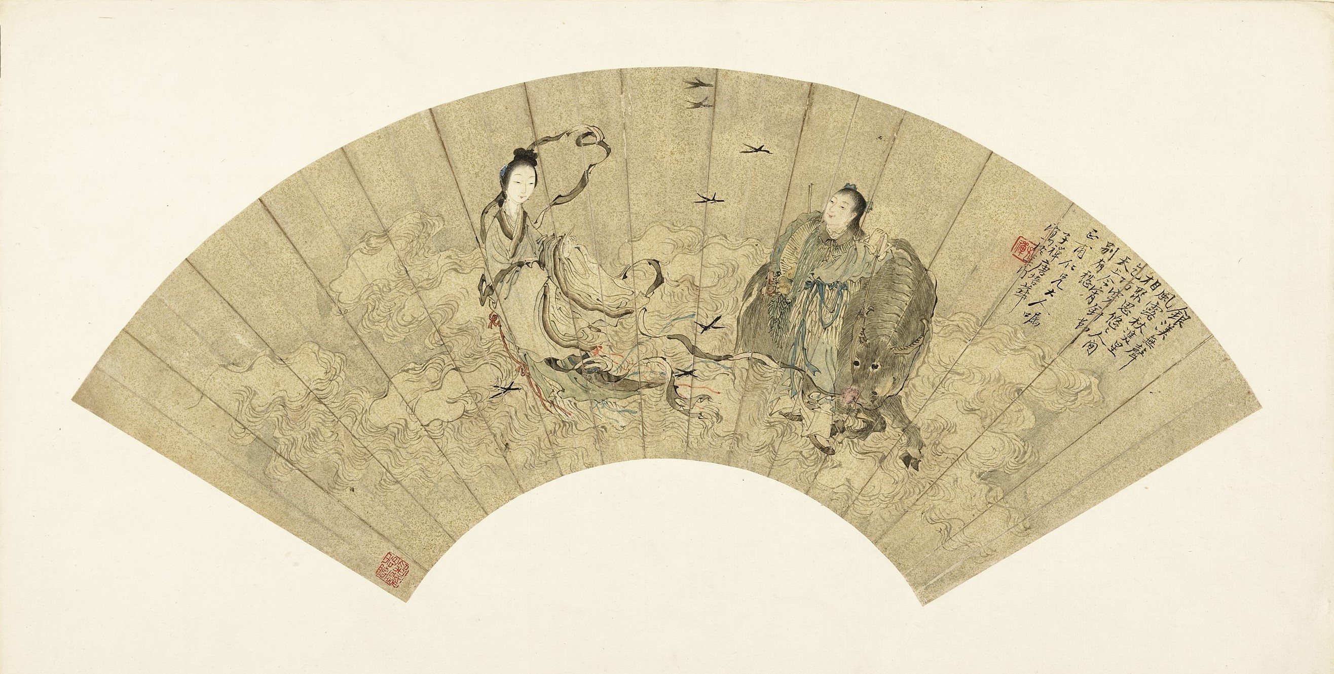 天上人間七夕節,牛郎織女的故事幾經變遷。圖為清 唐培華〈牛郎織女〉。(台北國立故宮博物院提供)