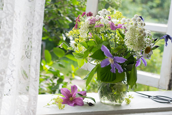 Bouquet Of Garden Flowers On Window