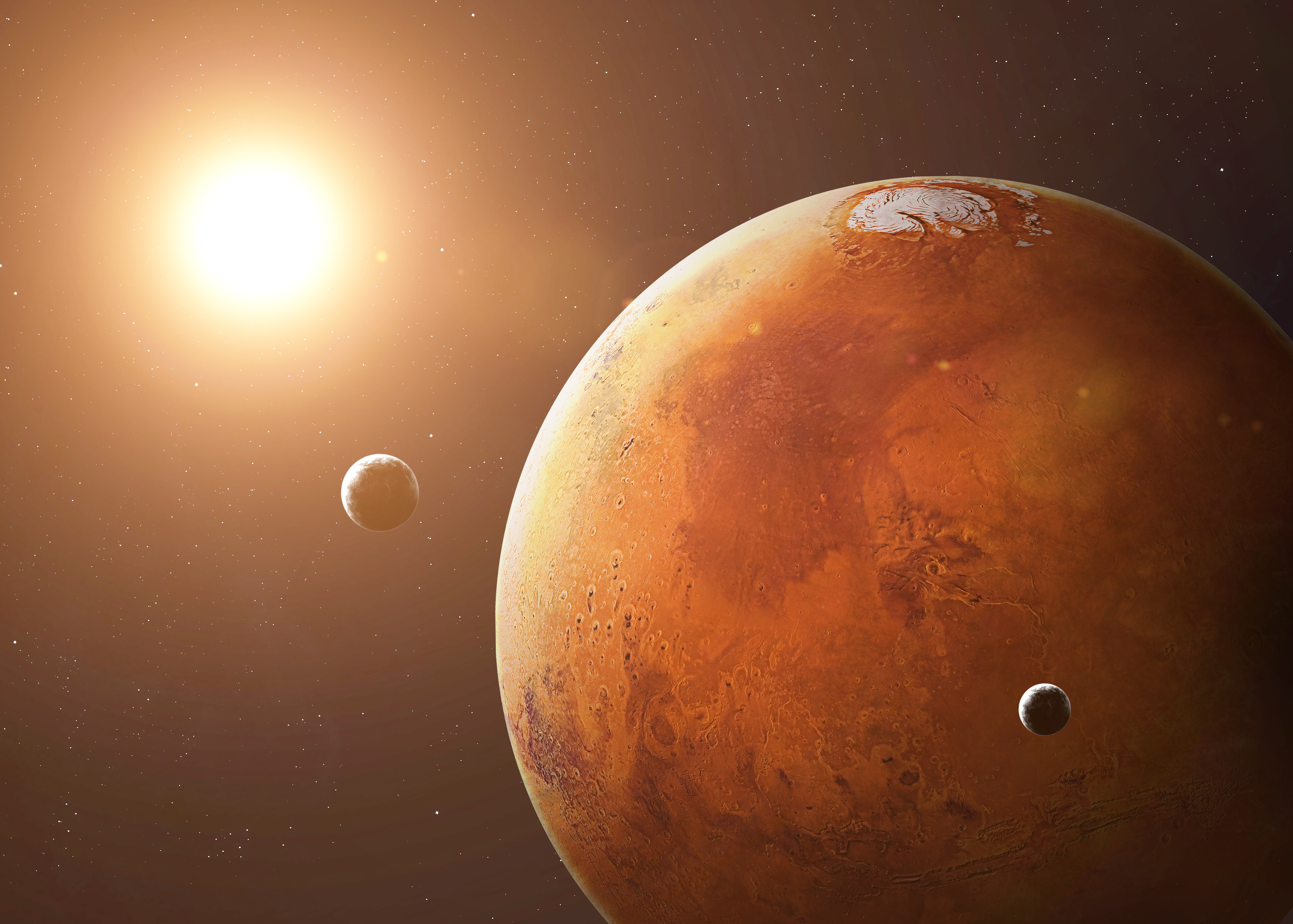 火星及其兩顆衛星與太陽示意圖。(Shutterstock)